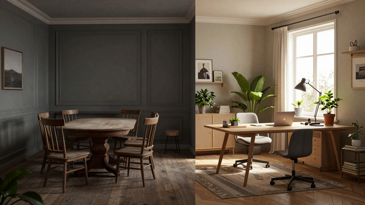Conceptual contrast between empty formal dining room and flexible workspace