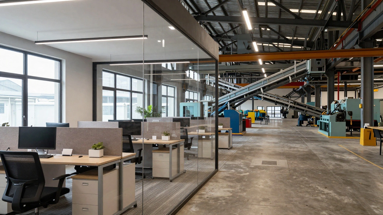 Contrast between a bright modern office interior and a heavy-duty factory floor.