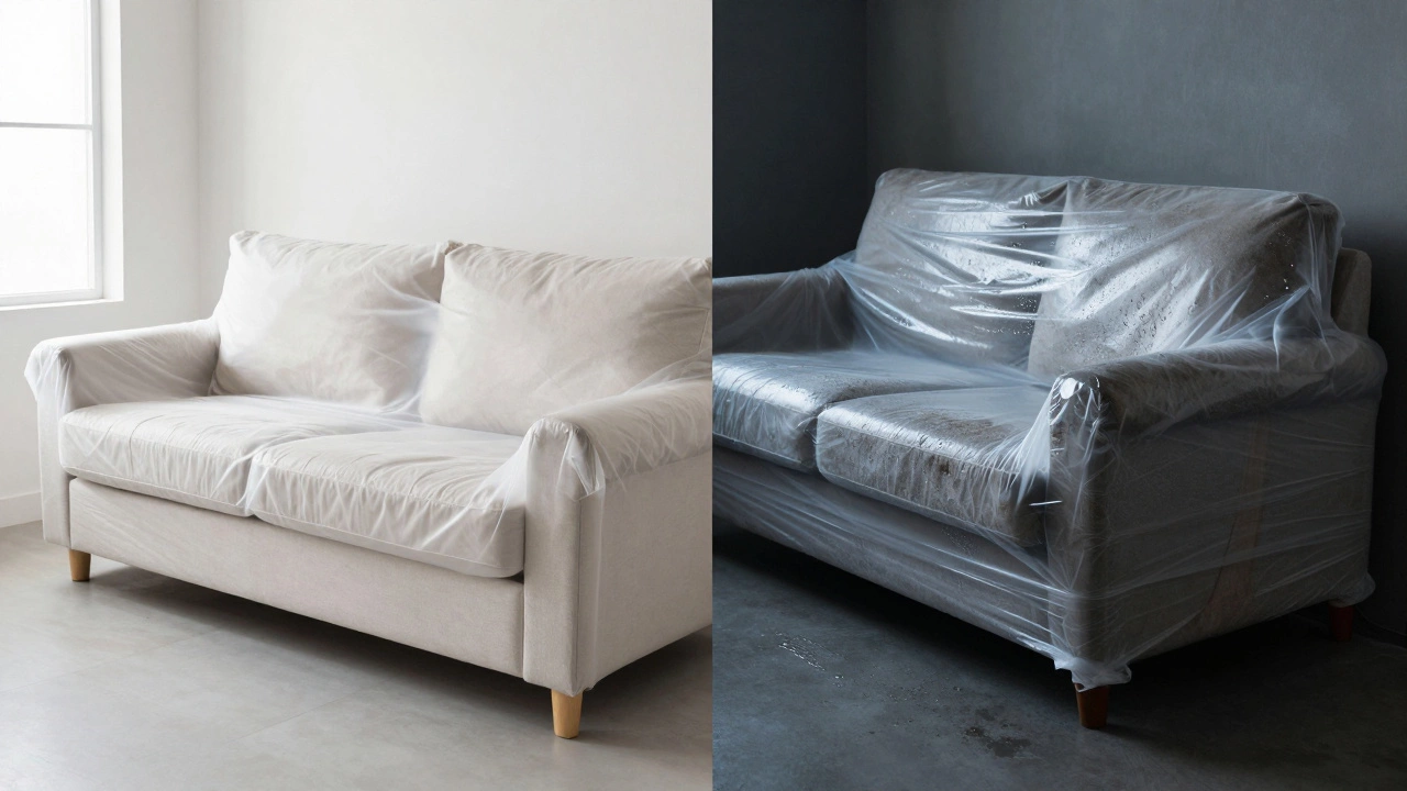 Contrast between properly stored sofa and moldy one