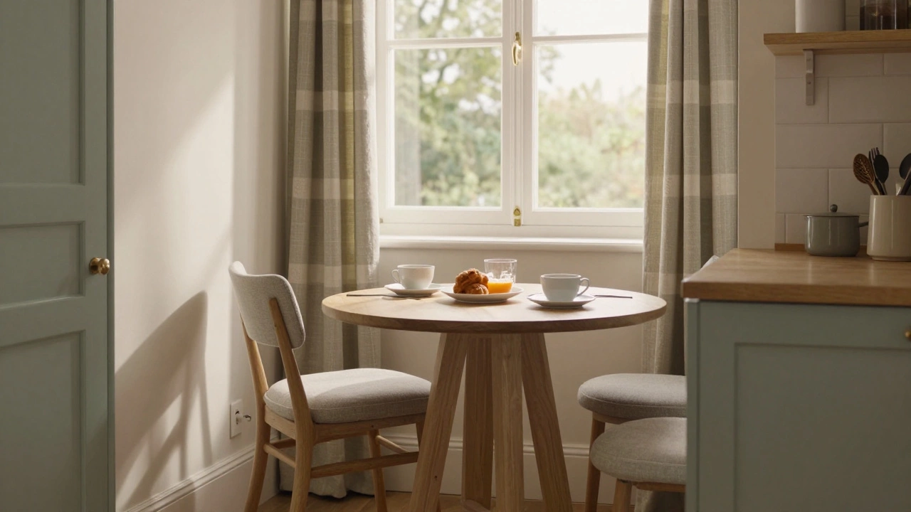 Cozy breakfast nook with round table in sunlit corner of modern kitchen