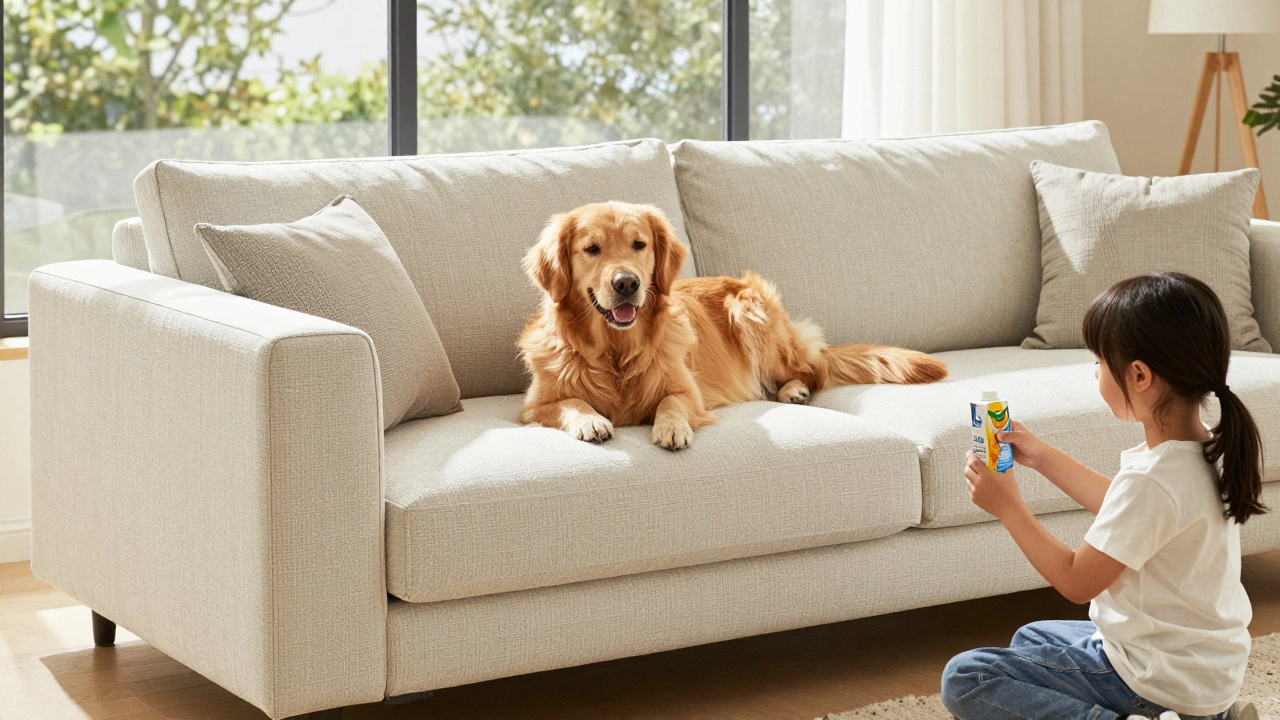 Dog and child on durable performance fabric sofa in living room