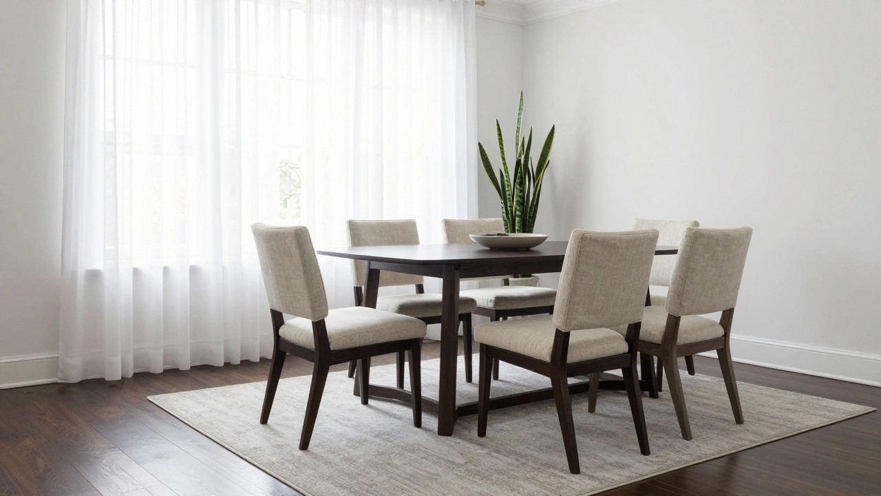 Light linen cushions and rugs brightening a room with dark dining furniture