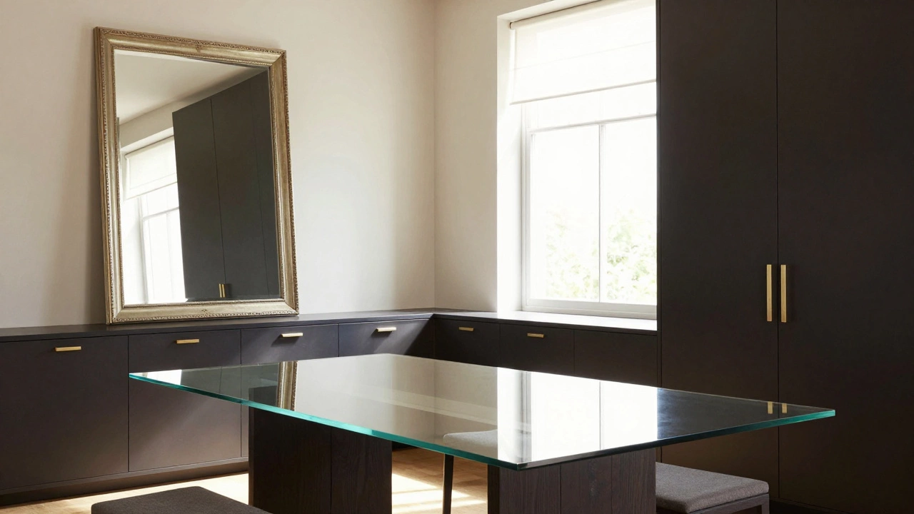 Mirror and glass surfaces reflecting light in a dark-furnished dining room