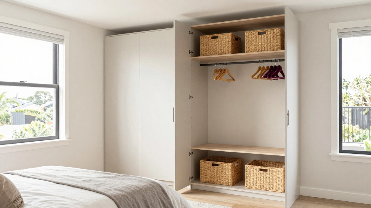 Modern bedroom with fitted wardrobe and open rail storage