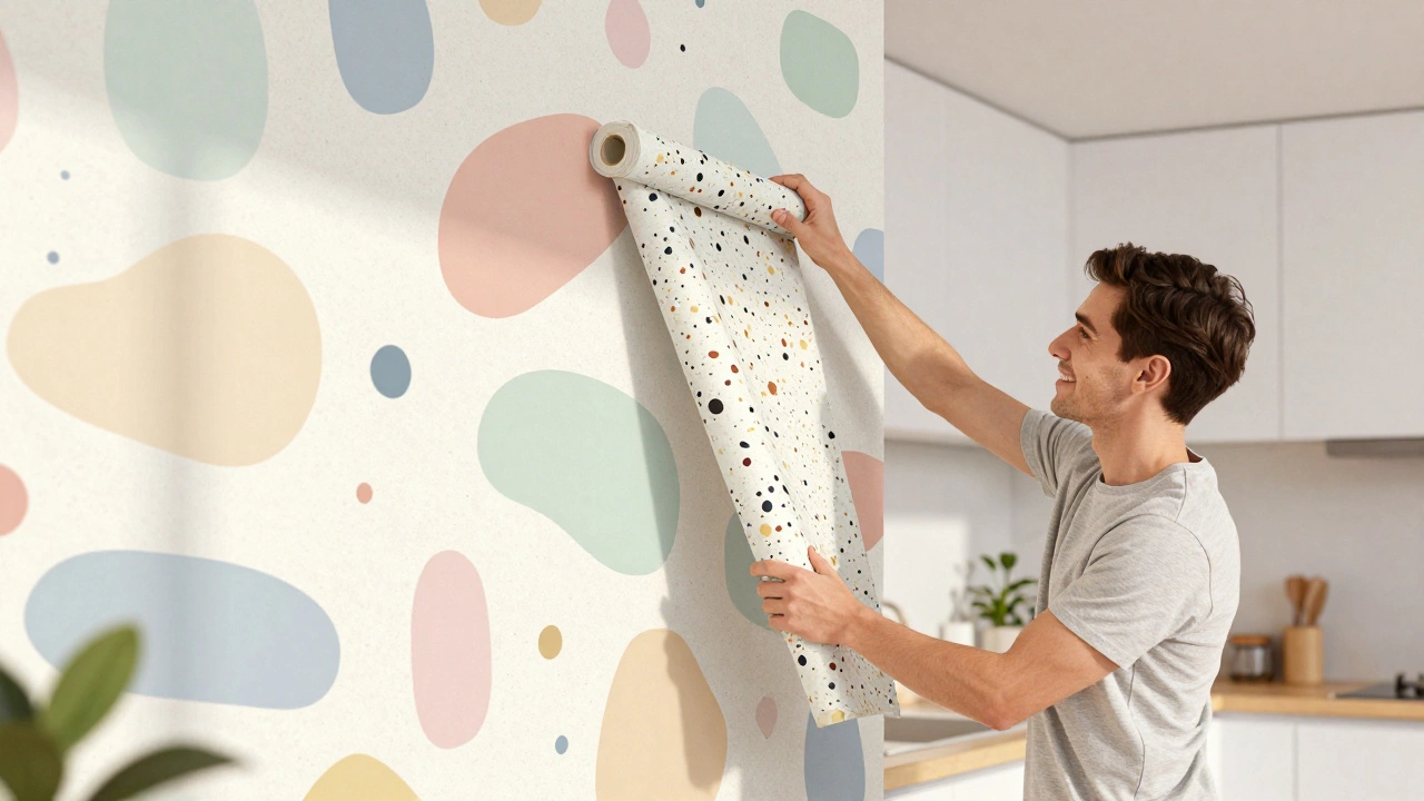 Person applying peel and stick wallpaper to accent wall