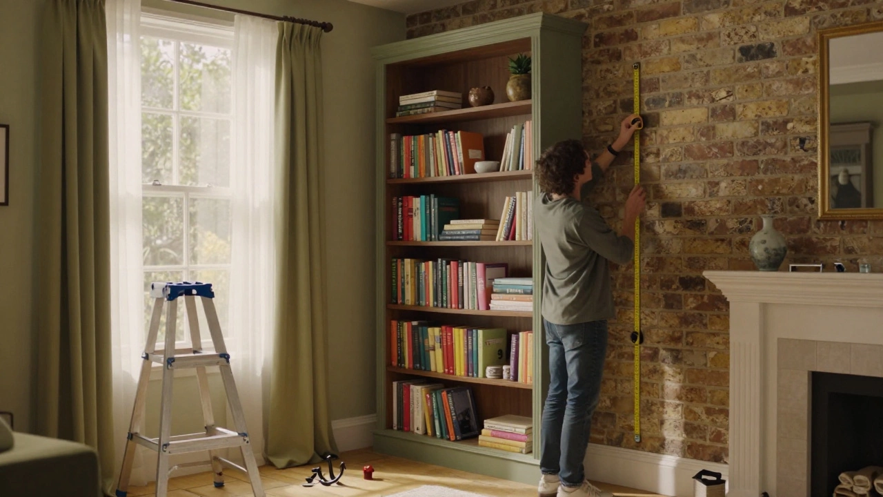 Person measuring a large custom bookshelf in a cozy home library