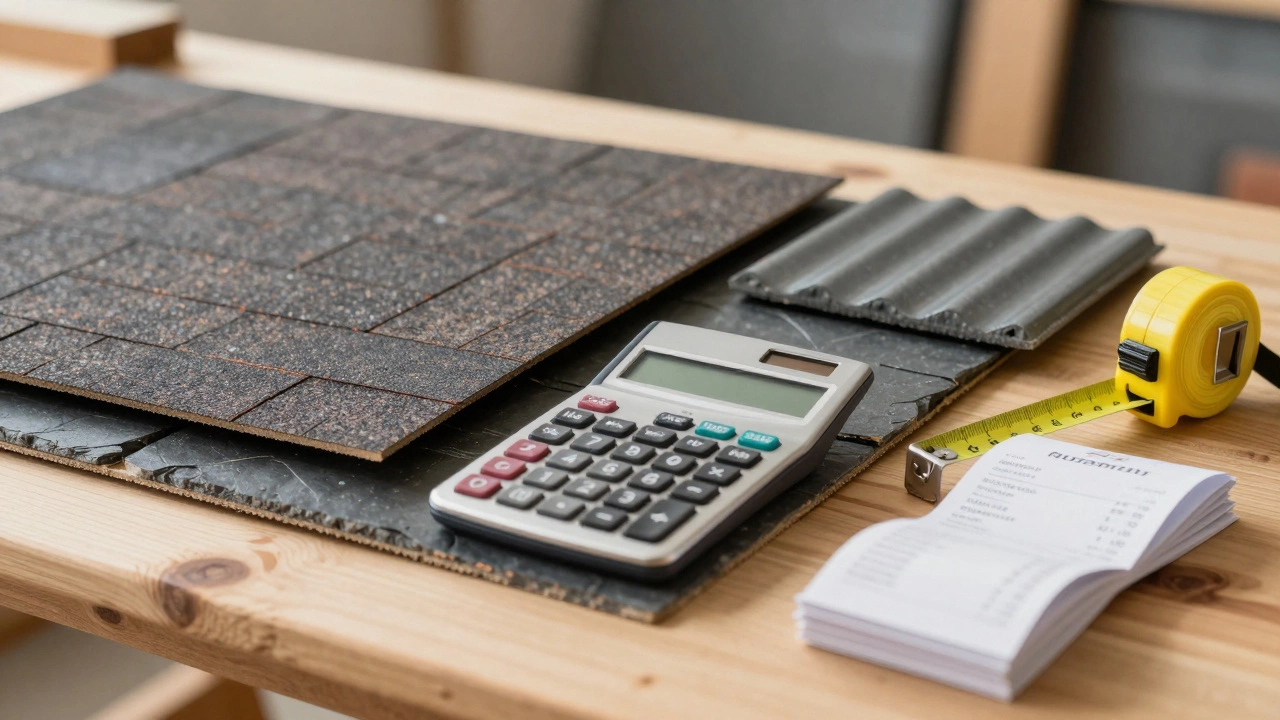 Roofing materials, calculator, and receipts on a workbench for cost estimation