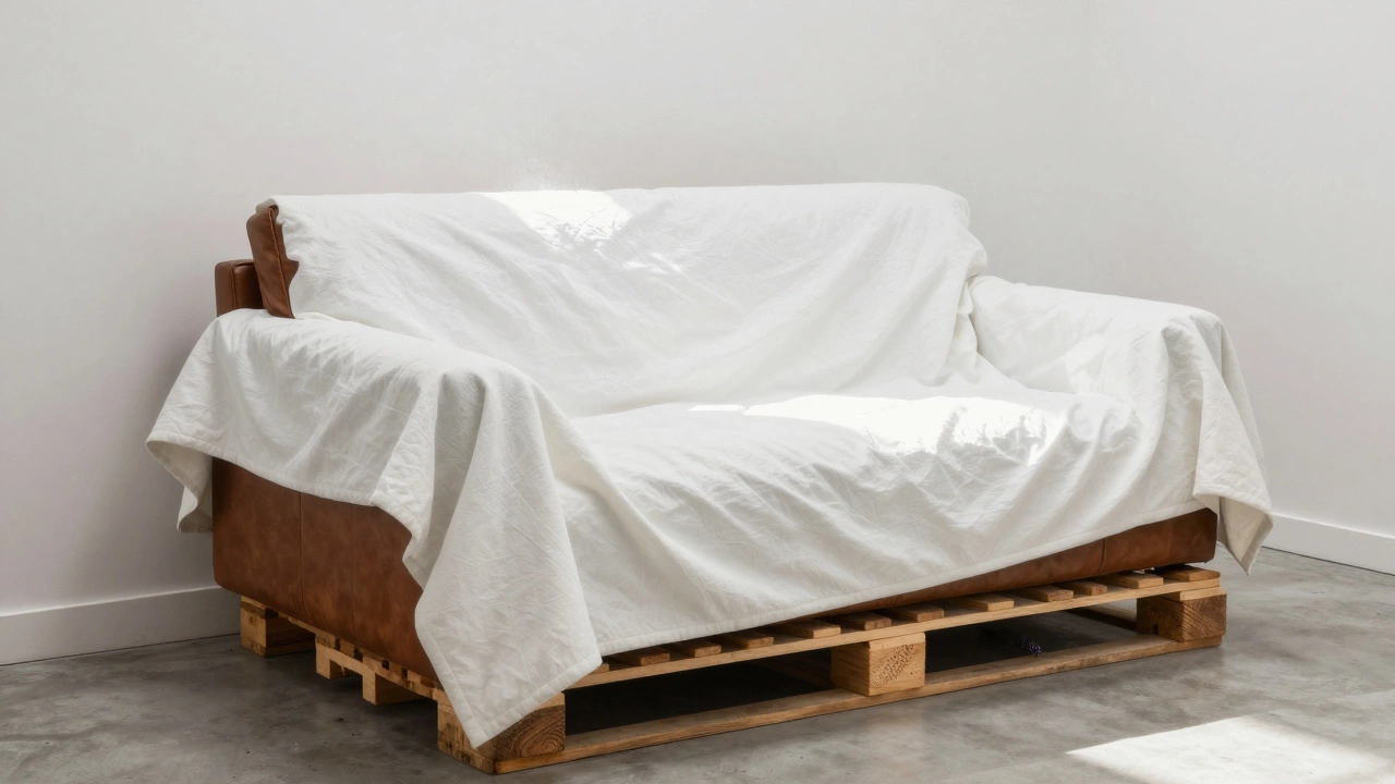 Sofa wrapped in cotton blankets on pallets in storage