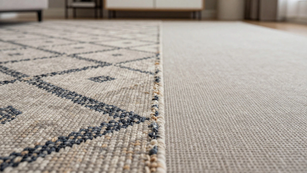 Close-up comparison of busy patterned carpet vs solid neutral rug texture