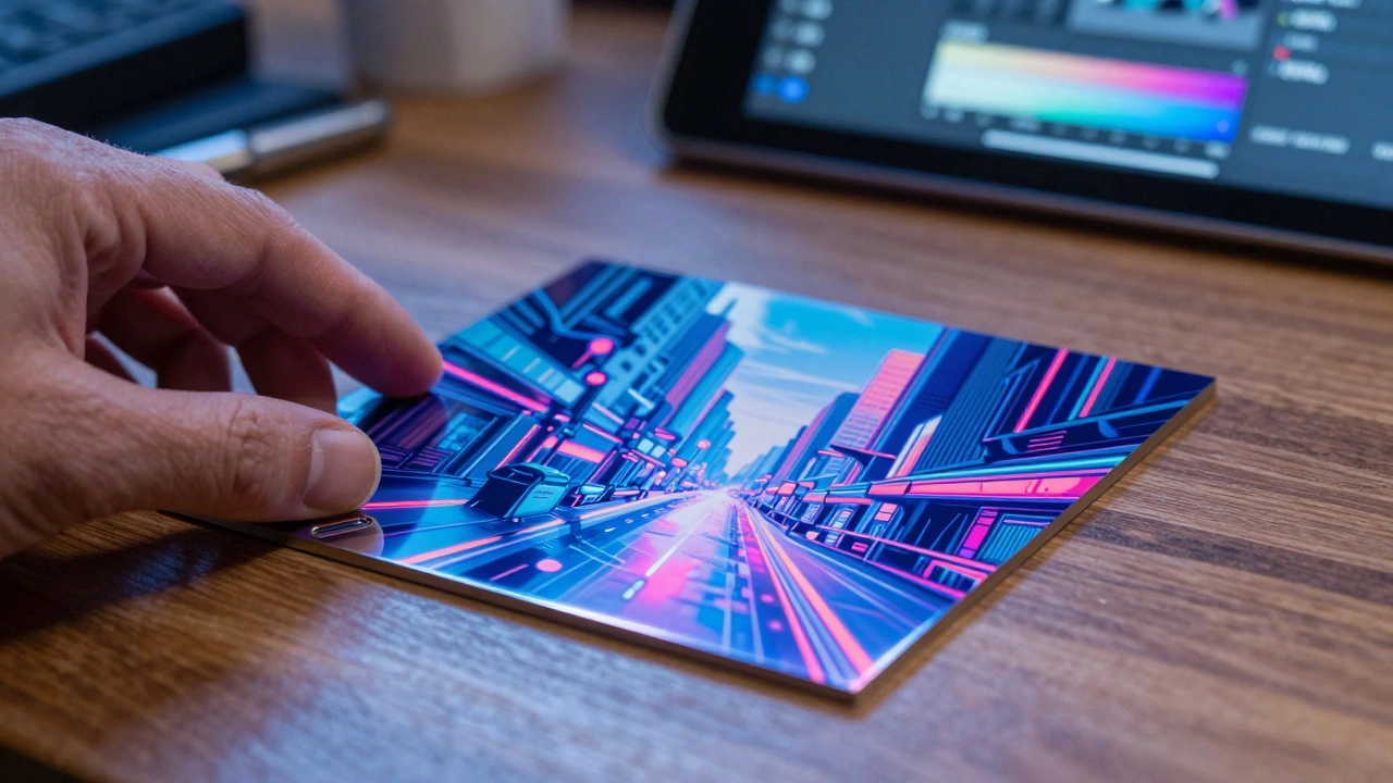 Close up of a glossy metal print with vibrant cyberpunk city art