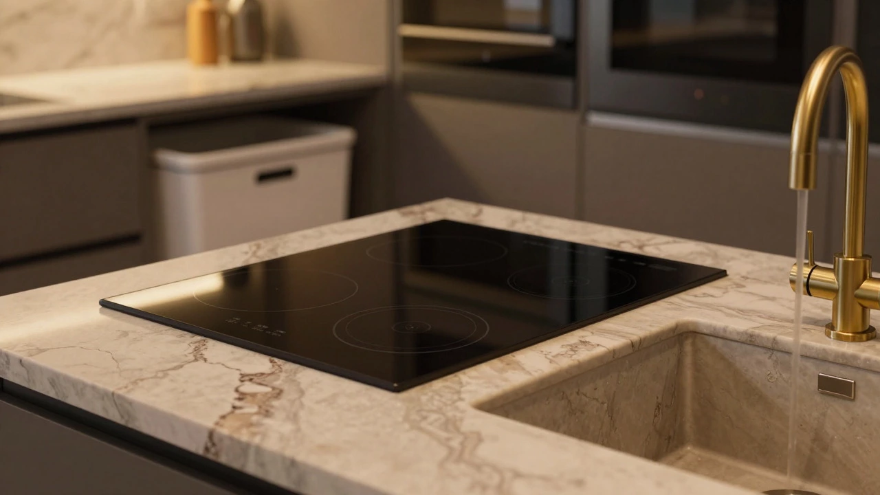 Close-up of induction hob, honed marble counter, and sustainable kitchen features