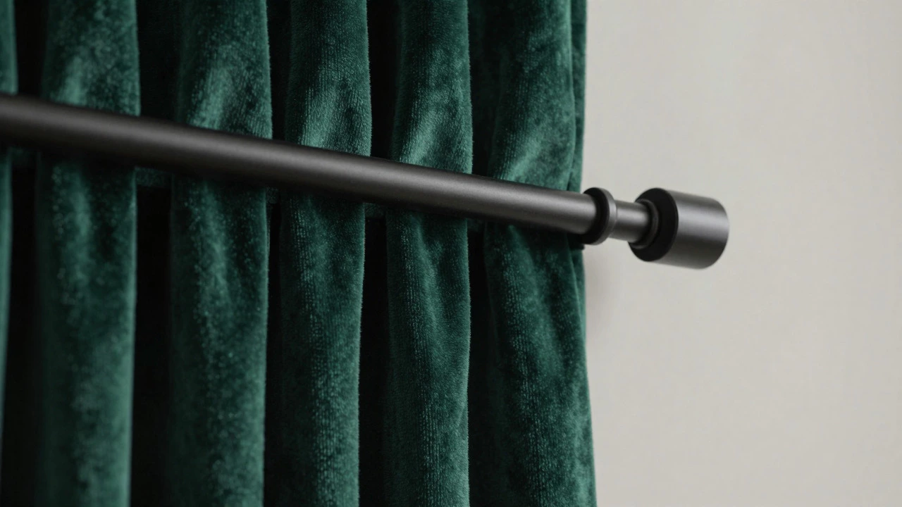 Close-up of matte black rod and structured velvet curtain pleats
