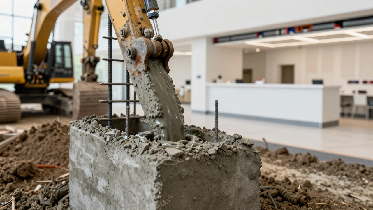 Close up of raw concrete pour contrasting with finished commercial interior installation