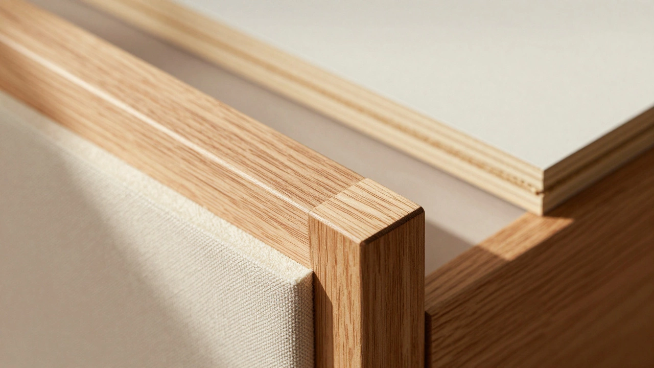 Close up of solid wood furniture frame versus particleboard material