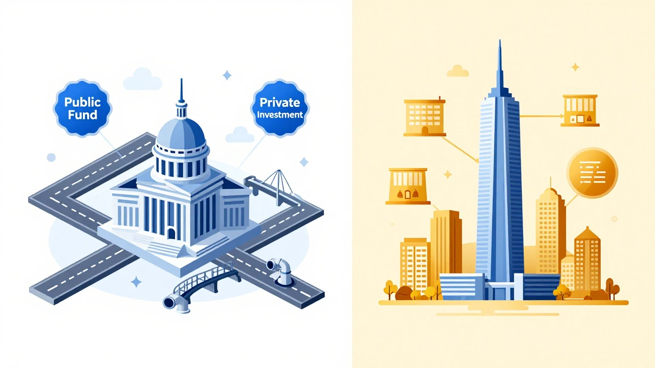 Graphic illustration comparing public infrastructure vs private commercial buildings