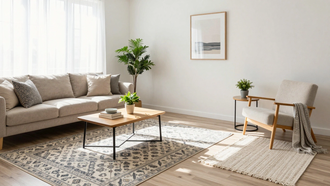 L-shaped living room divided into zones with rugs