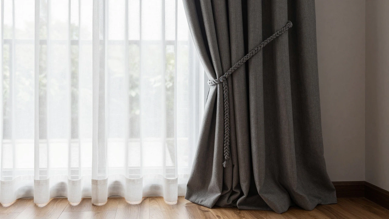 Layered sheer and heavy drapes tied back with rope holdbacks