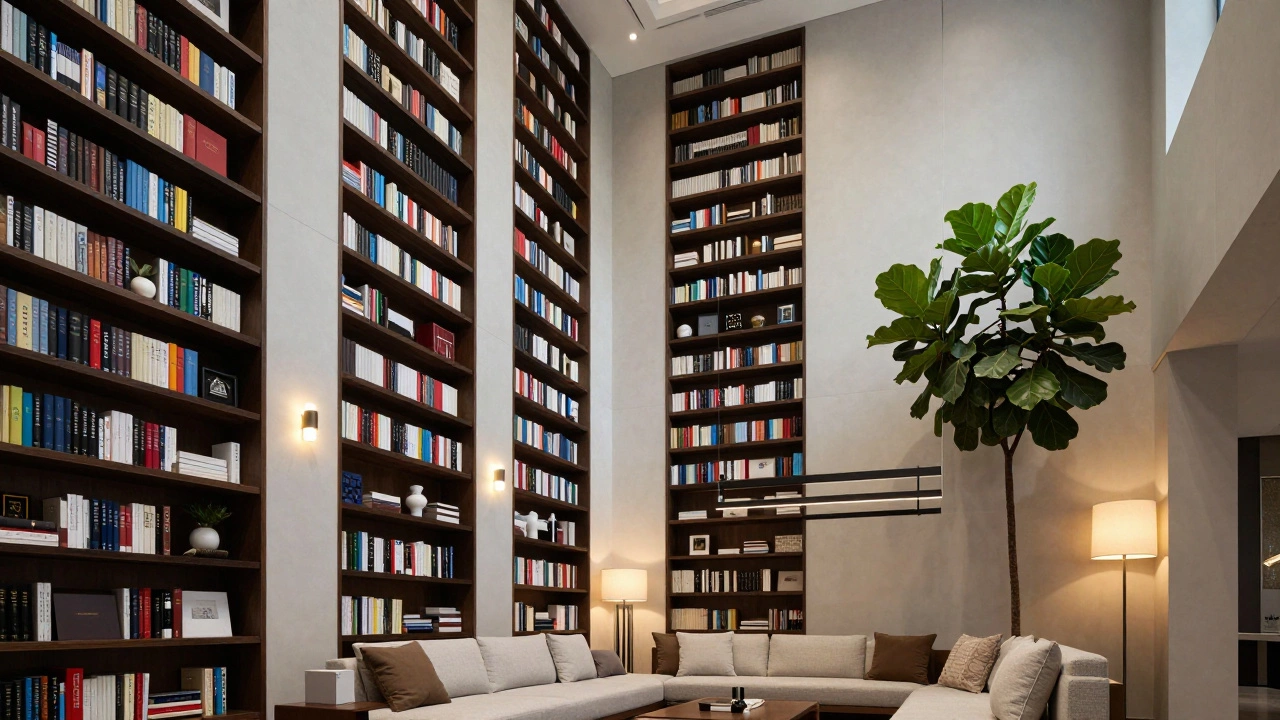 Living room using tall shelves and plants for height