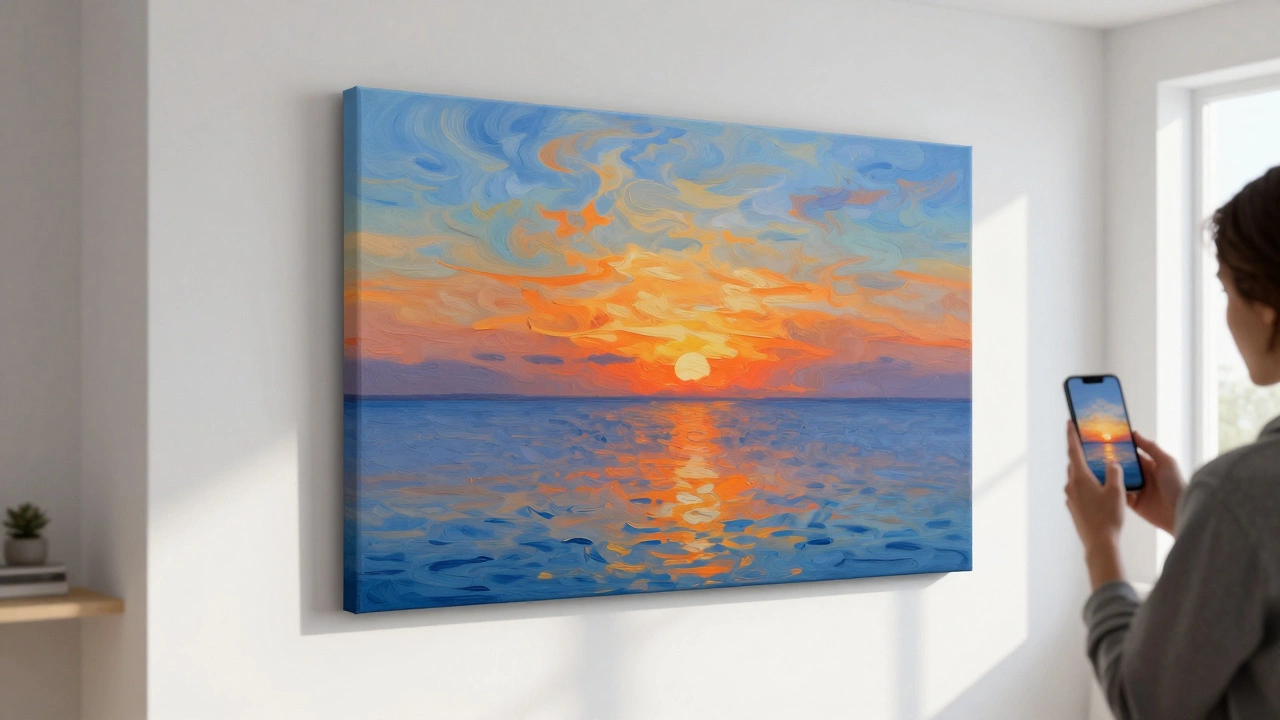 Living room with large AI-generated sunset canvas art on the wall