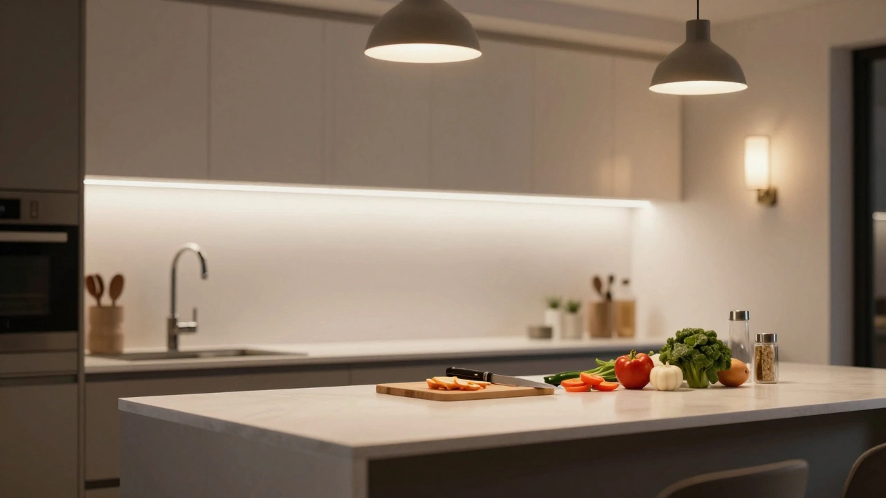 Modern kitchen with under-cabinet task lighting and pendant ambient lights