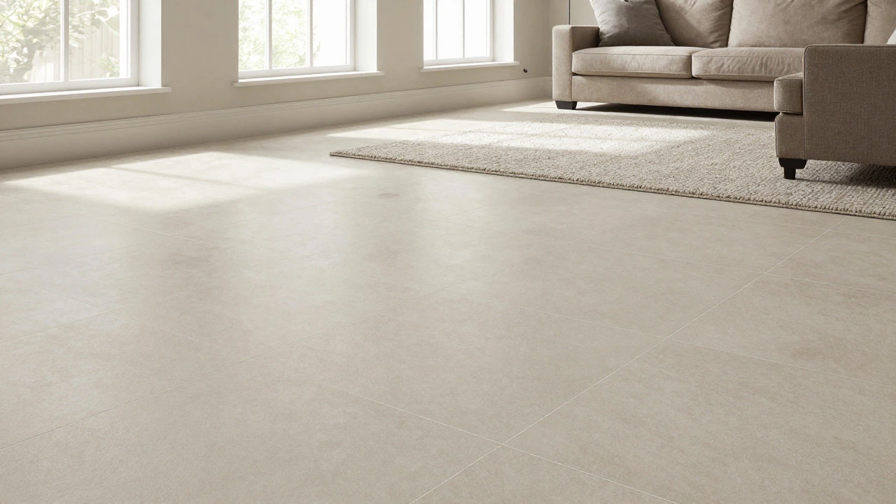 Modern living room with large-format tiles and minimal grout lines