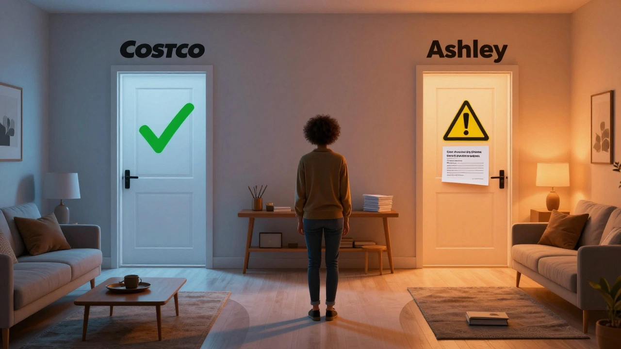 Person choosing between easy return policy and strict terms paths
