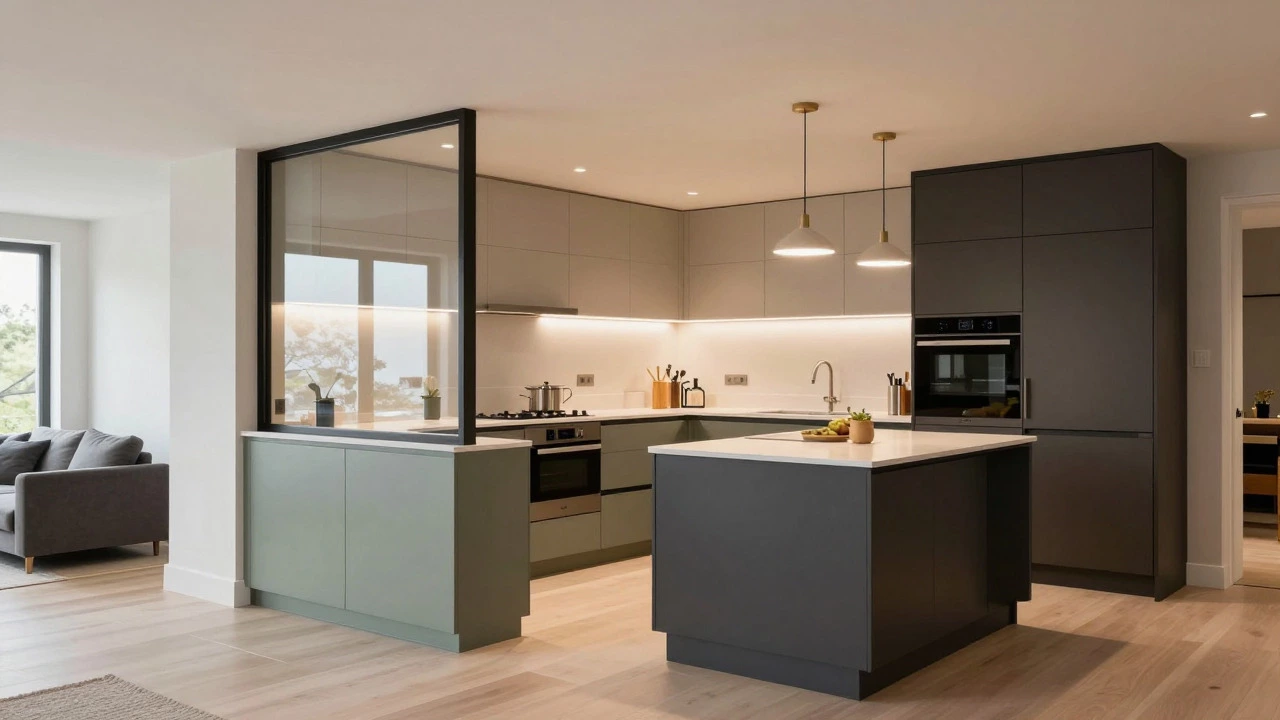 Semi-open kitchen with sage green cabinets, glass divider, and clear countertops