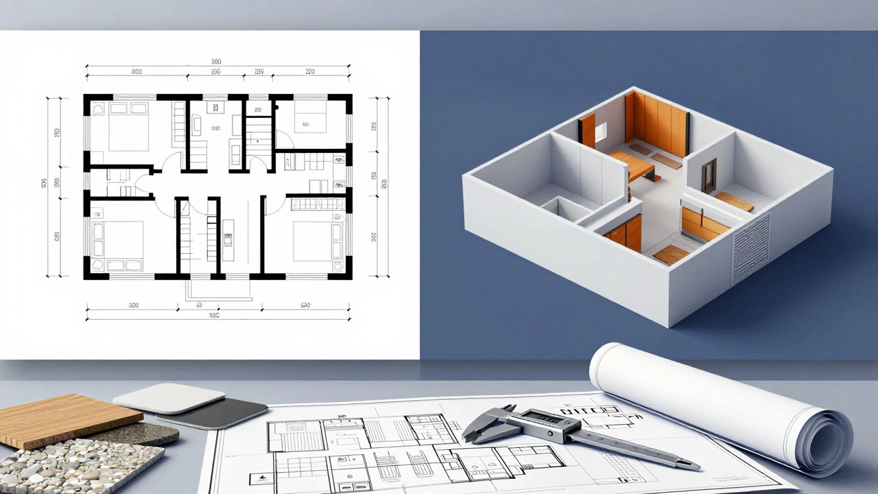 Split view of floor plan and 3D render with tools