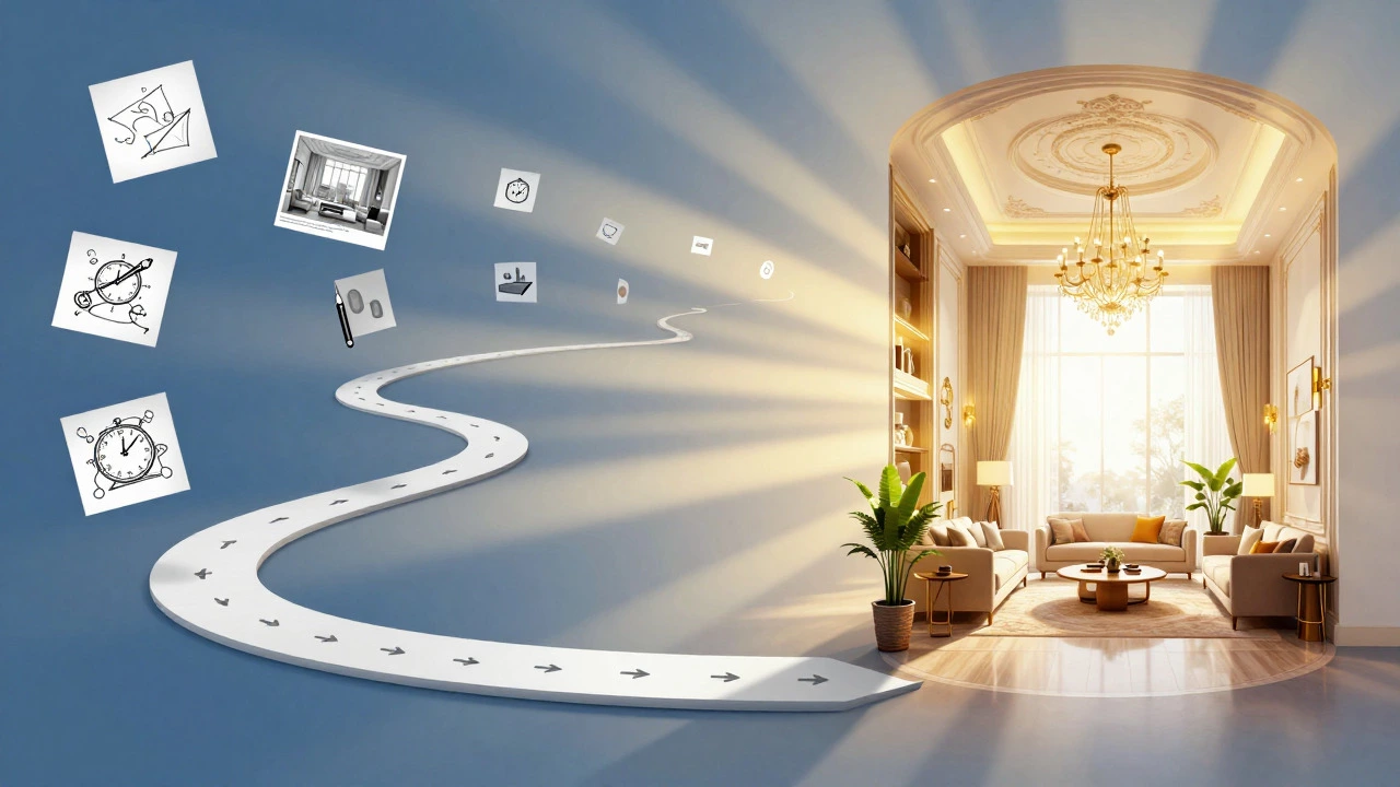 An artistic illustration of a winding path transforming from sketches into a finished luxury interior.