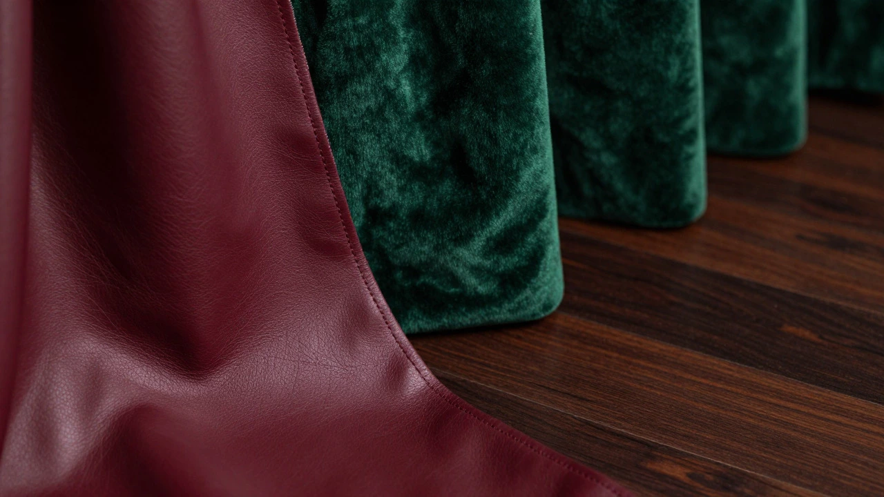 Burgundy leather and green velvet fabrics displayed against a dark wood floor