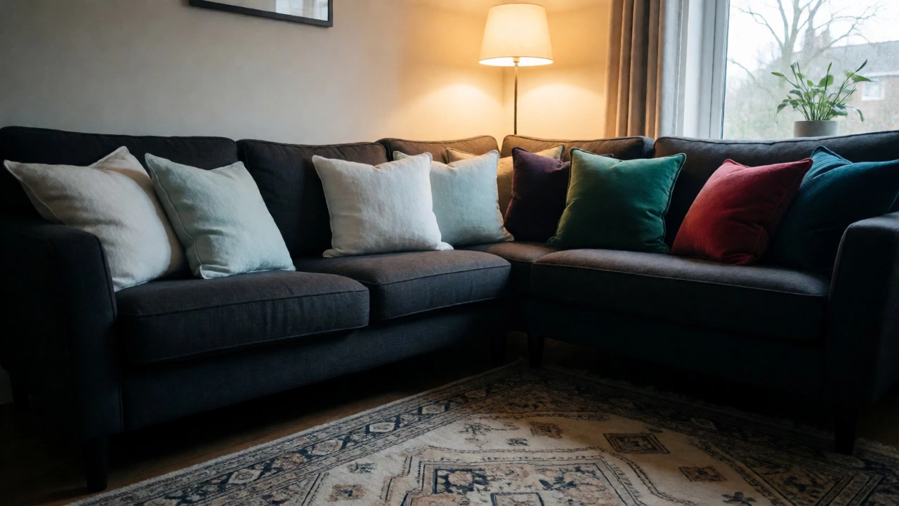Charcoal sofa styled with mixed seasonal cushions in a cozy UK home