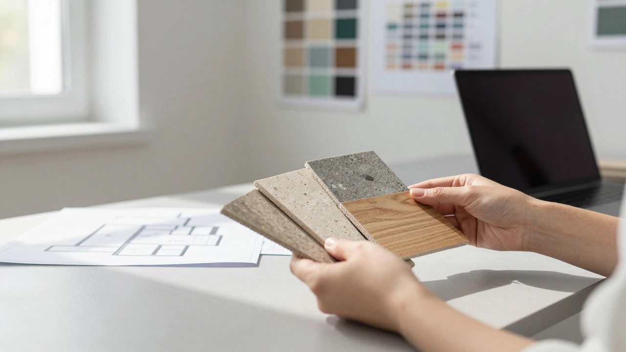 Close-up of a designer's hands comparing fabric and stone samples on a desk with mood boards.