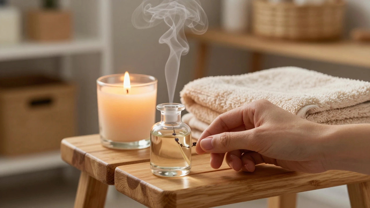 Close up of essential oil diffuser, bamboo towel, and candle