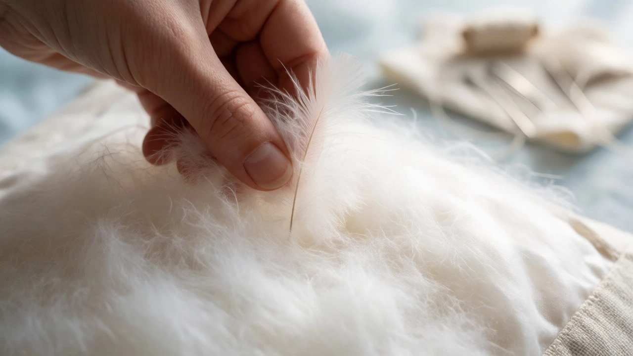 Close-up of hands stuffing white down feathers into a cushion cover for repair.