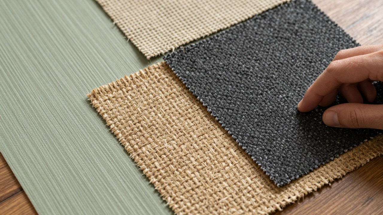 Close-up of various natural fiber wallpaper swatches in different weaves