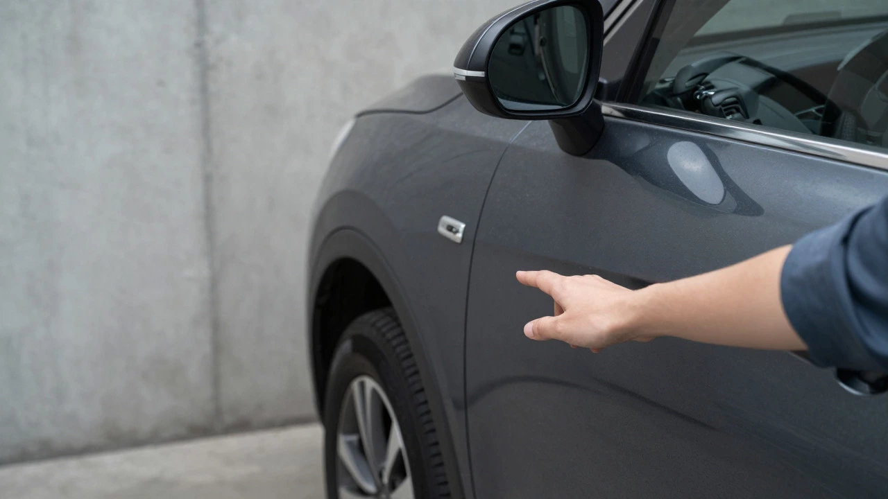 Close-up showing limited side clearance between SUV and storage wall