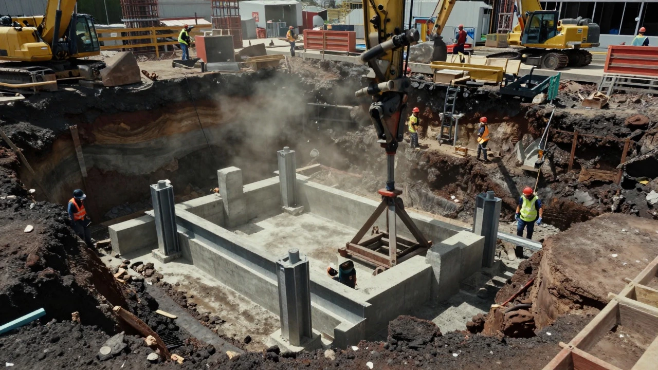 Construction crew performing underpinning with steel piers and heavy machinery.
