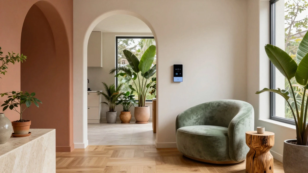 Contemporary interior featuring curved furniture, sage green tones, and biophilic plants