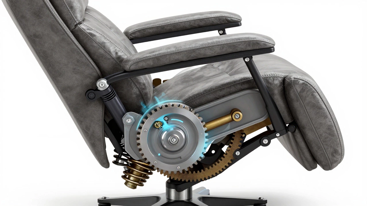 Cross-section view of a recliner's internal mechanical gears