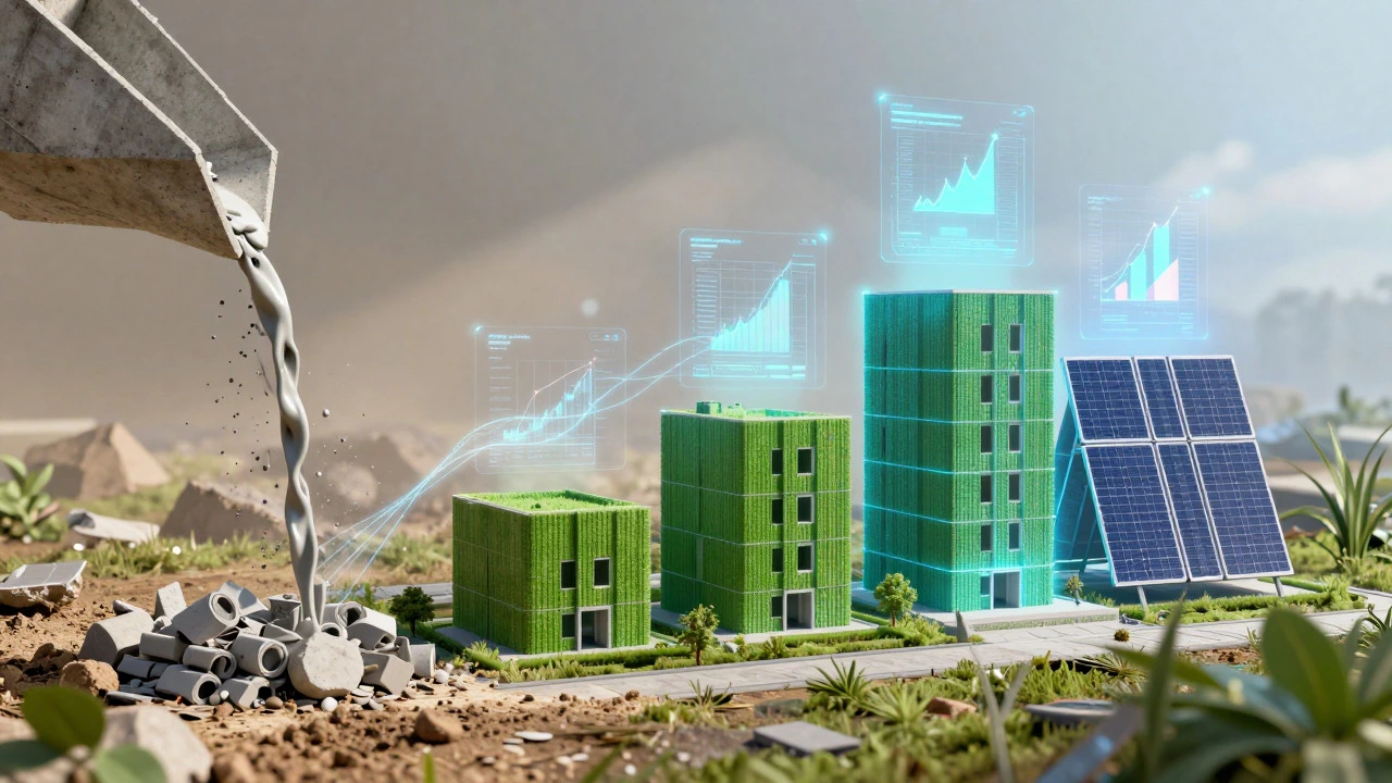 Digital art blending traditional construction with green modular technology