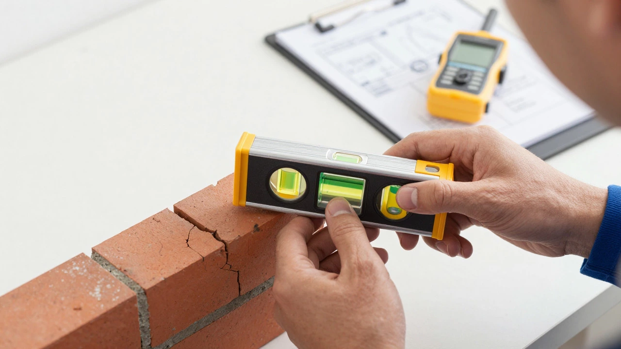 Engineer using laser level to inspect structural cracks in a brick wall.