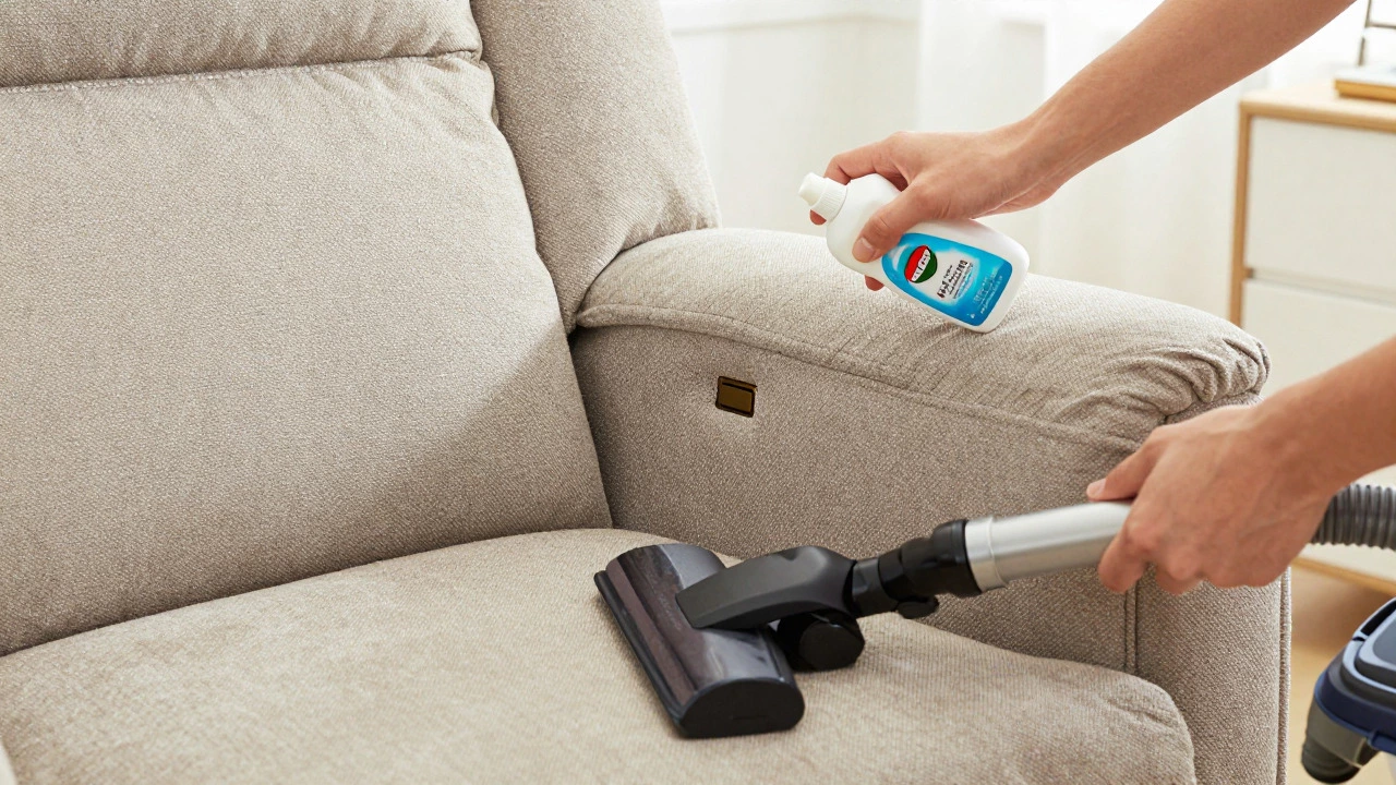 Hands applying lubricant to a recliner hinge during maintenance