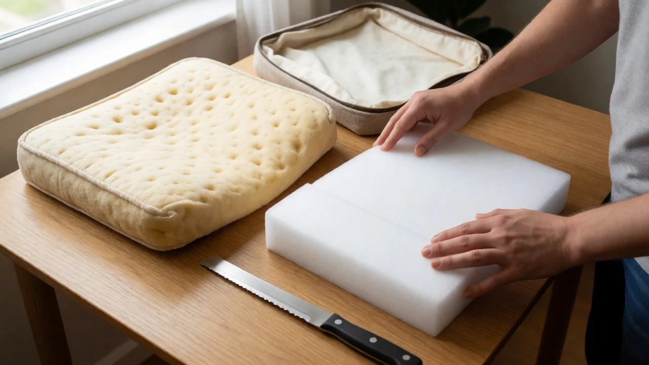Hands replacing old yellowed foam with new white foam blocks on a wooden table.