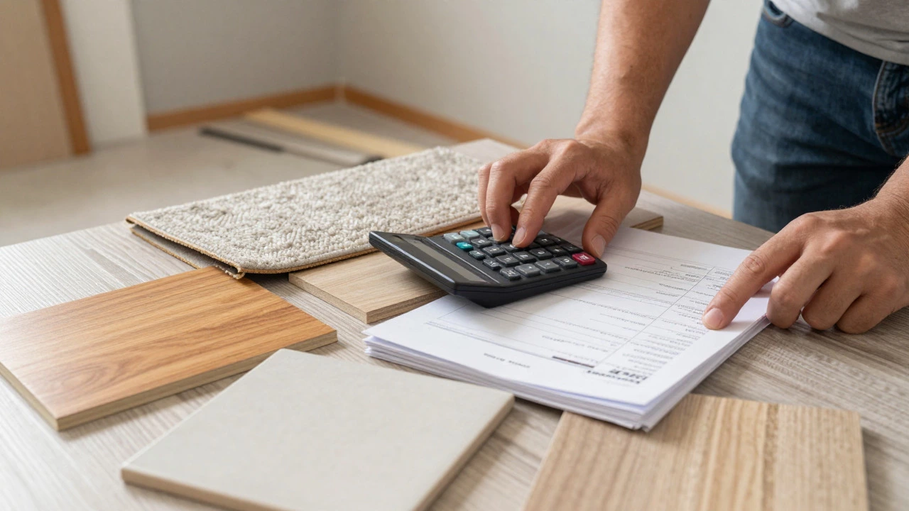Homeowner reviewing flooring samples and invoices at a table