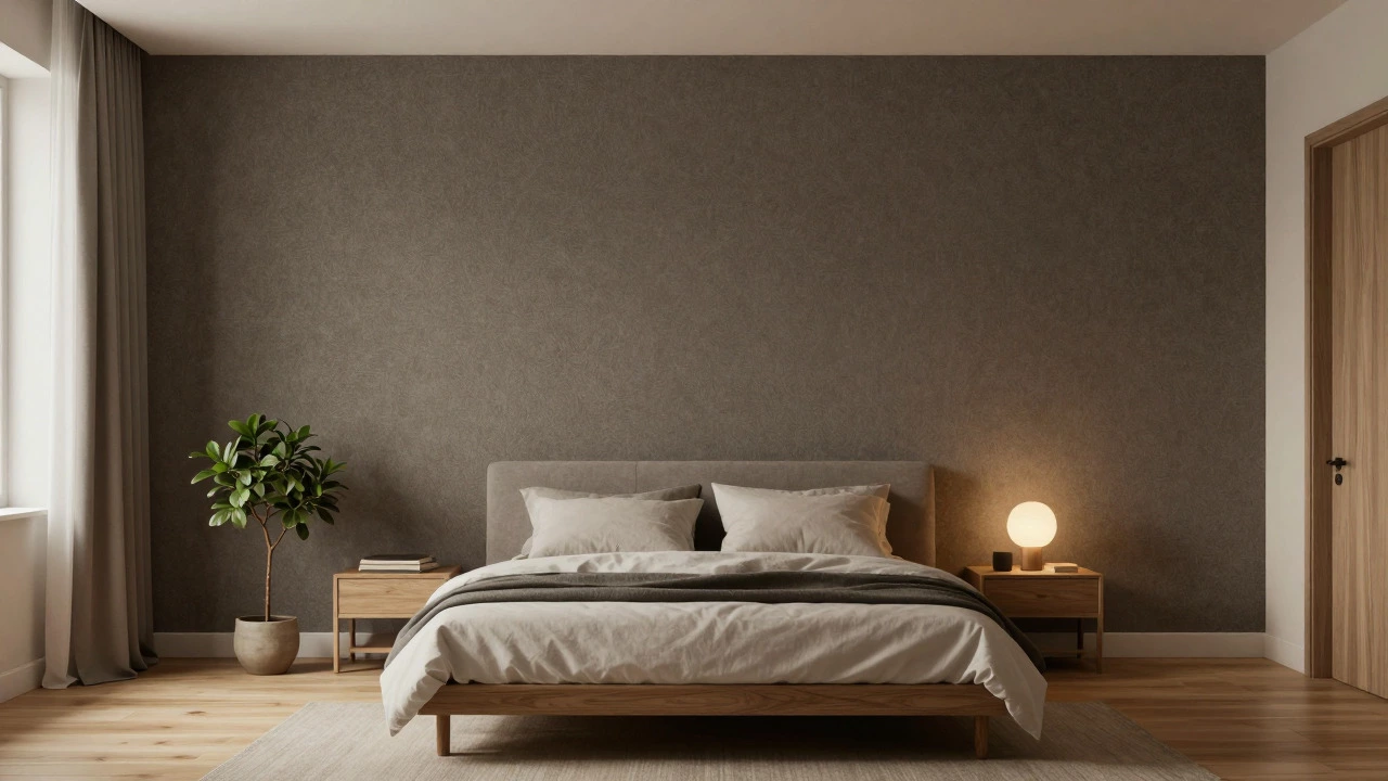 Japandi style bedroom with dark grass cloth accent wall behind bed