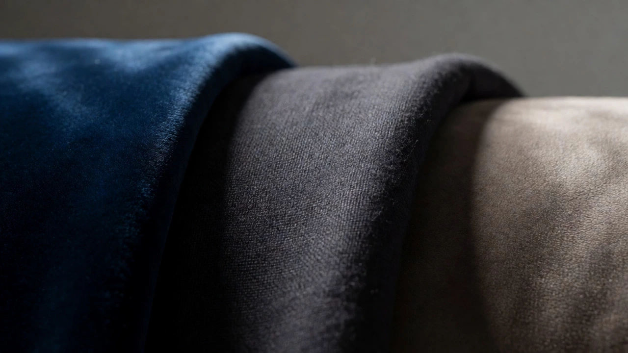 Macro close-up comparing velvet, linen, and microfiber sofa fabric textures