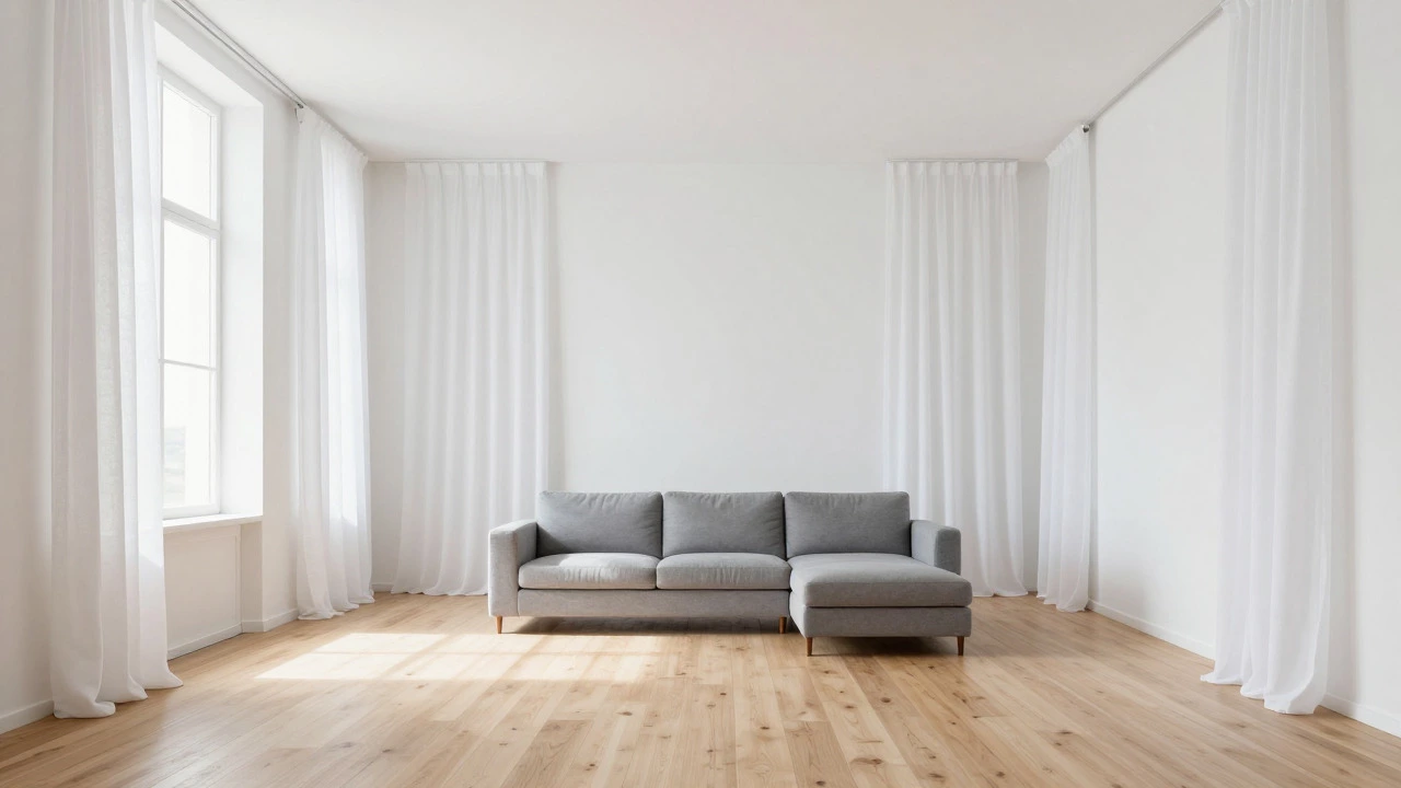 Minimalist room with white curtains, gray sofa, and light oak floors