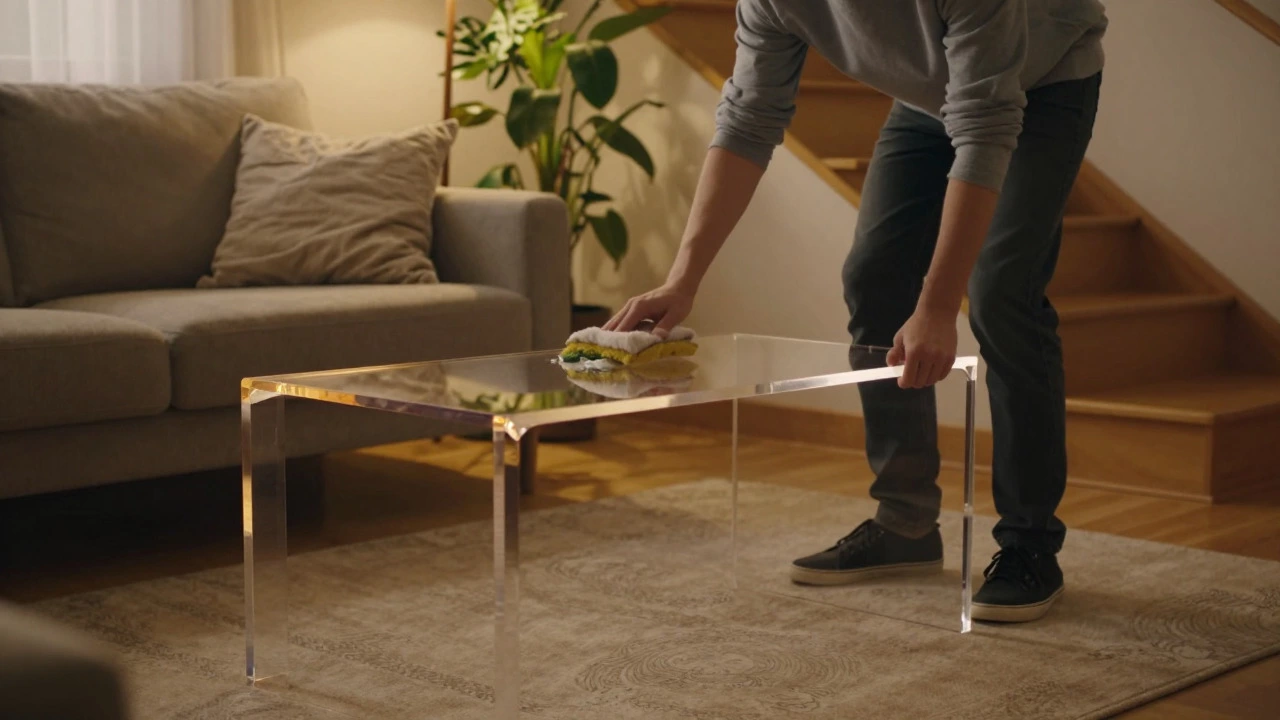 Person easily moving a lightweight acrylic coffee table