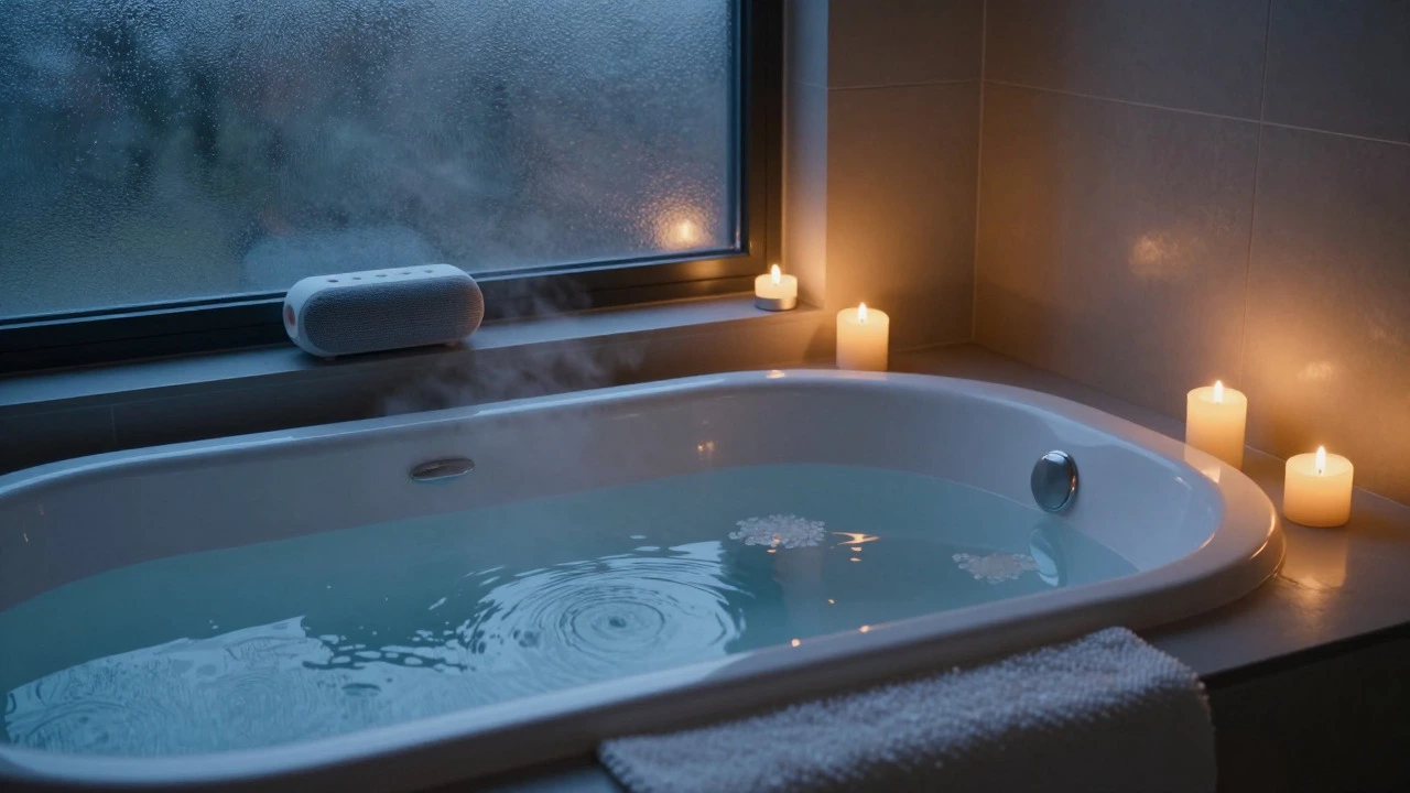 Steaming bath with Epsom salts and candles for evening relaxation