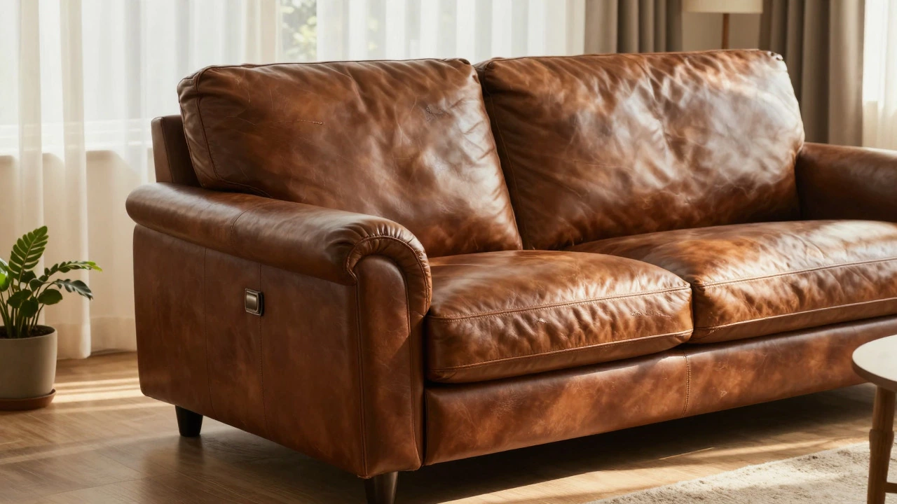 Sunlit high-end leather sofa showing rich patina and durable condition
